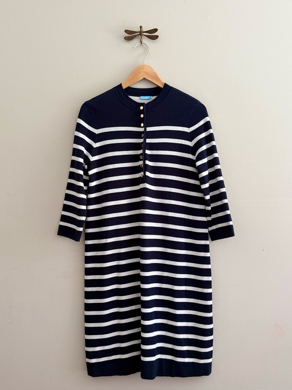 J. McLaughlin Striped Navy and White Knit Dress with Button Placket size Small